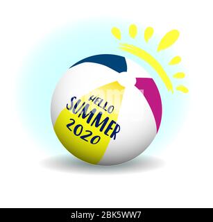 Hello summer 2020. Beach ball on a white background vector. Stock Vector