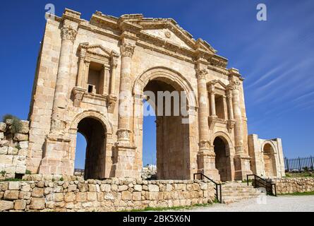 Hadrian's Arch at Jerash Archaeological Site of Ancient Roman Ruins, Jordan Stock Photo