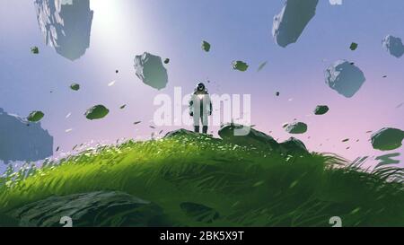 a spaceman standing on a hill surrounded by floating rocks, digital art style, illustration painting Stock Photo