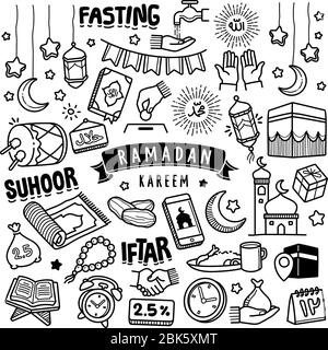 Set of vector doodle element related to holly Ramadan. Set of hand drawn symbols and  icons for holy Muslim festival Ramadan. Stock Vector