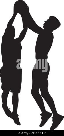 Vector silhouette of male basketball players jumping to score a shot with the ball in a team game competition Stock Vector