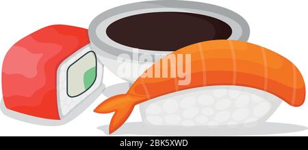 Set of piece fish salmon sushi, fresh tuna minnow with soy sauce, ocean shrimp isolated on white, cartoon vector illustration. Omega 3 food, healthy s Stock Vector