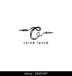 Cable Jack vector illustration forming letter C Alphabet. Audio equipment logo design template, sound system, instrument. Black and White Stock Vector