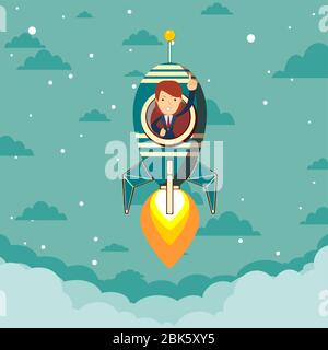 Happy businesswoman in a rocket ship launching to starry sky. Start up business concept. Stock Vector