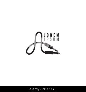 Cable Jack logo illustration like letter A lowercase. Audio equipment logo design template, sound system, instrument. Black and White Stock Vector
