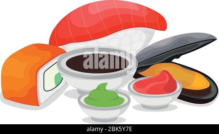 Set of piece fish salmon sushi, fresh tuna minnow with wasabi soy sauce and ginger, ocean mussel cartoon vector illustration. Omega 3 food, healthy se Stock Vector