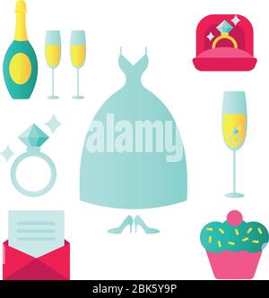 Set of wedding icons in flat style with an invitation or love letter wedding dress food champagne cake gift church rings jewellery shoes. Stock Vector