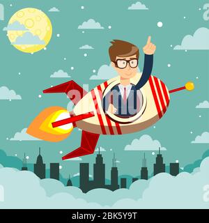 Happy businessman in a rocket ship launching to starry sky. Stock Vector