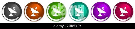 Antenna, satellite, dish, radar icon set, silver metallic chrome border vector web buttons in 6 colors options for webdesign Stock Vector