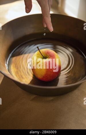 Wet apple in metal bowl filled with water. Water drops are falling down from fingers on fruit and water. Vertical background with copy space. Selectiv Stock Photo