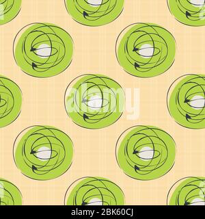 Scribbled ink line circle vector seamless pattern background. Retro brush stroke green swirls on light orange backdrop. Bold 1950 style repeat. All Stock Vector