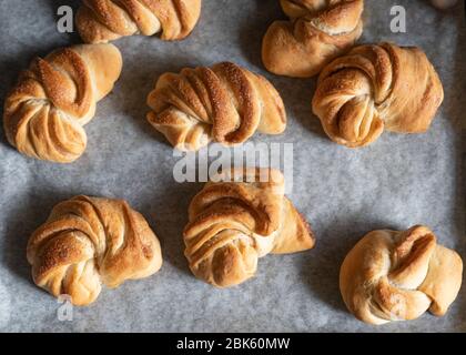 desserts, homemade croissants just pulled out of the oven still on parchment paper Stock Photo
