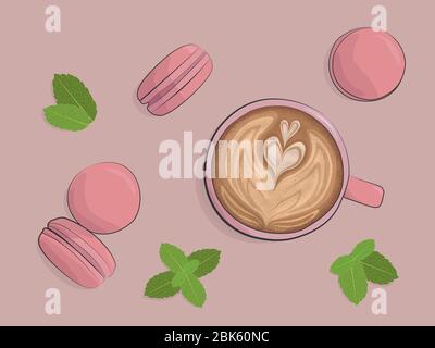 Art Latte and macarons in pink colors with mint leaves. Flat lay. Vector illustration. Stock Vector