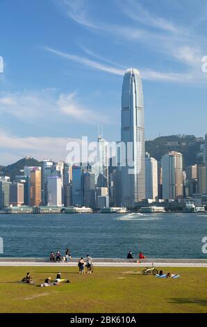 Skyline of Hong Kong Island from West Kowloon Art Park, Kowloon, Hong Kong Stock Photo