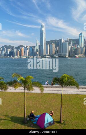 Skyline of Hong Kong Island from West Kowloon Art Park, Kowloon, Hong Kong Stock Photo