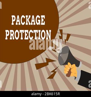 Handwriting text Package Protection. Conceptual photo Wrapping and Securing items to avoid damage Labeled Box Male Hu analysis Hand Holding Megaphone Stock Photo