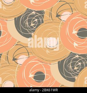 Scribbled ink line circle vector seamless pattern background. Monochrome terracotta coral brush stroke swirls backdrop. Abstract overlapping rings Stock Vector