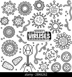 Viruses doodle drawing collection. Microorganism such as HIV, ebola, hepatitis, rabies, bacteriophage & coronavirus, etc are included. Hand drawn vect Stock Vector