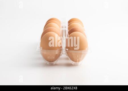 Eggs in a clear box on the white background. Stock Photo