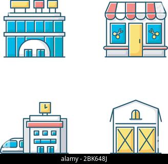 Buildings RGB color icons set Stock Vector