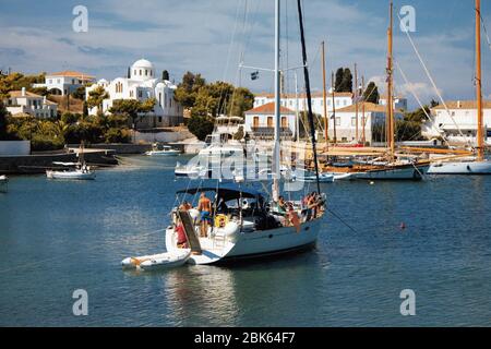 View of the old harbour in Spetses island, Saronic gulf, Greece, September 24 2015. Stock Photo