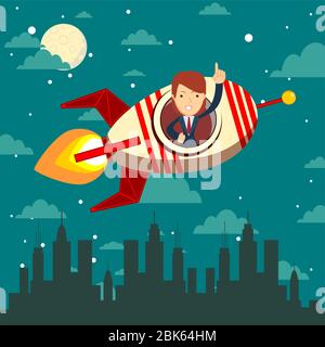 Happy businesswoman in a rocket ship launching to starry sky. Start up business concept. Stock Vector