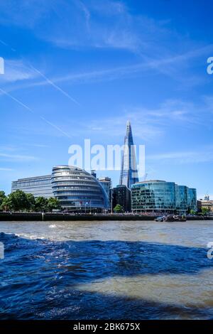 London/UK - June 3, 2017 - Cityscape view, the Shard tower and City Hall buildings on Thames river Stock Photo