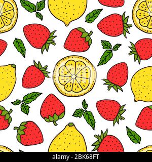 Berry Strawberry and lemon with a round slice. Seamless pattern texture. Yellow and Red colors. Vector hand drawn illustration Surface design isolated Stock Vector
