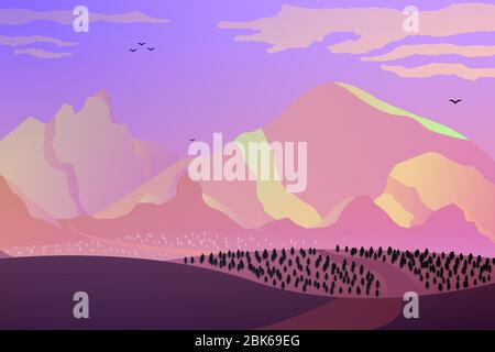 Dawn in the mountains, pink tones. Stock Vector