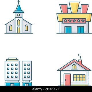 Urban buildings RGB color icons set Stock Vector