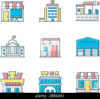 Urban building exteriors RGB color icons set Stock Vector
