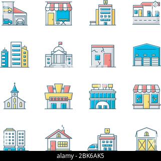 Industrial buildings fronts RGB color icons set Stock Vector