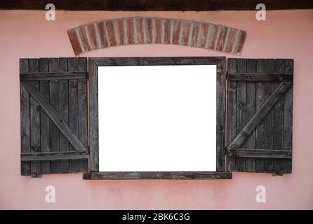 barn wood old window with brick on a pink wall Stock Photo