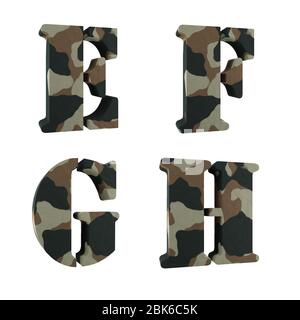 Set of 3D capital letter camouflage alphabet - letters E-H Stock Photo