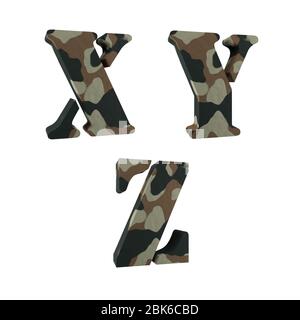 Set of 3D capital letter camouflage alphabet - letters X-Z Stock Photo
