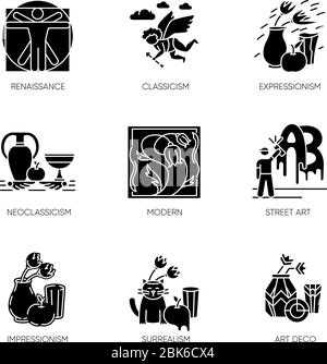 Art movements black glyph icons set on white space Stock Vector