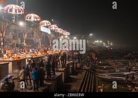 Ganga Aarti means worshiping river Ganges is an event, which is happening every evening on her river bank. Varanasi, India Stock Photo