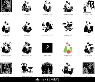 Art movements black glyph icons set on white space Stock Vector