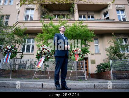 Berlin, Germany. 02nd May, 2020. Michael Mueller (SPD), governing mayor of Berlin, waits for his guests at the beginning of a commemoration ceremony for the capitulation 75 years ago in Schulenburgring 2. The capital surrendered on May 2, 1945 - six days before the surrender of all of Germany. The document to this effect was signed by Germans and Soviets in the house where Berlin's Governing Mayor Michael Müller later grew up. Credit: Kay Nietfeld/dpa/Alamy Live News Stock Photo