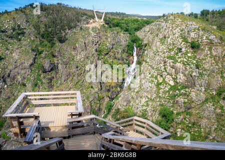 Arouca, Portugal - April 28, 2019: View of the Paiva Walkways with a viewpoint in the foreground and in the background the rocky massif of the opposit Stock Photo