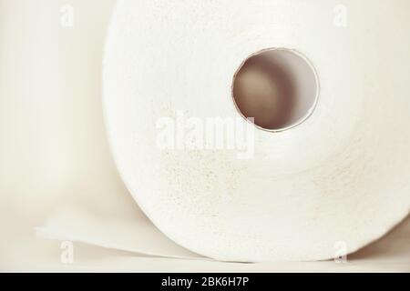 A large roll of white clean soft toilet paper with a cardboard sleeve that lies on its side close-up. Stock Photo