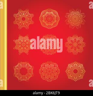 Golden vector traditional snowflakes on red background. Stock Vector