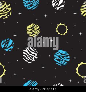 space seamless vector pattern on a dark background with yellow, blue and white planets and stars. for printing on fabric, for children. Stock Vector
