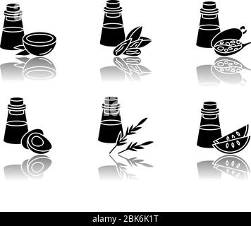 Hair oils drop shadow black glyph icons set. Jojoba ingredient for cosmetic product. Dermatology treatment with natural herbal essence. Isolated Stock Vector