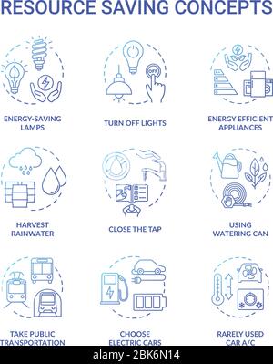 Resource saving blue concept icons set Stock Vector