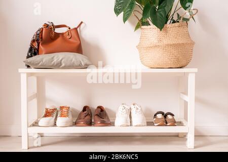 Leather bag on pillow and basket with green domestic plant on upper shelf and row of sportive and casual footwear on lower one Stock Photo