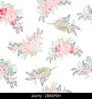 Pink flowers and green leaves. Watercolor seamless pattern floral bouquet greenery clipart. Handmade digital paper for diy, scrapbooking, wedding grap Stock Photo
