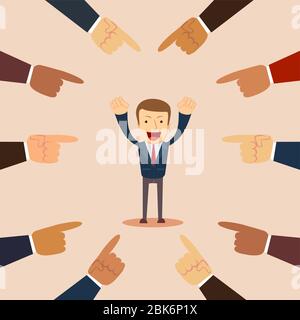 Concept of accusation. Sad man with questions looking down with many fingers pointing at him Stock Vector