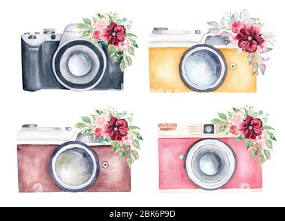 Vintage retro photo camera and burgundy flowers bouquet watercolor clipart set. Hand drawn illustration isolated on white background. Graphics for log Stock Photo
