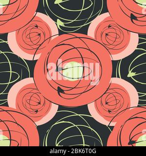 Scribbled ink line circle vector seamless pattern background. Retro brush stroke swirls black red backdrop. Bold 1950s style geometric repeat. All Stock Vector